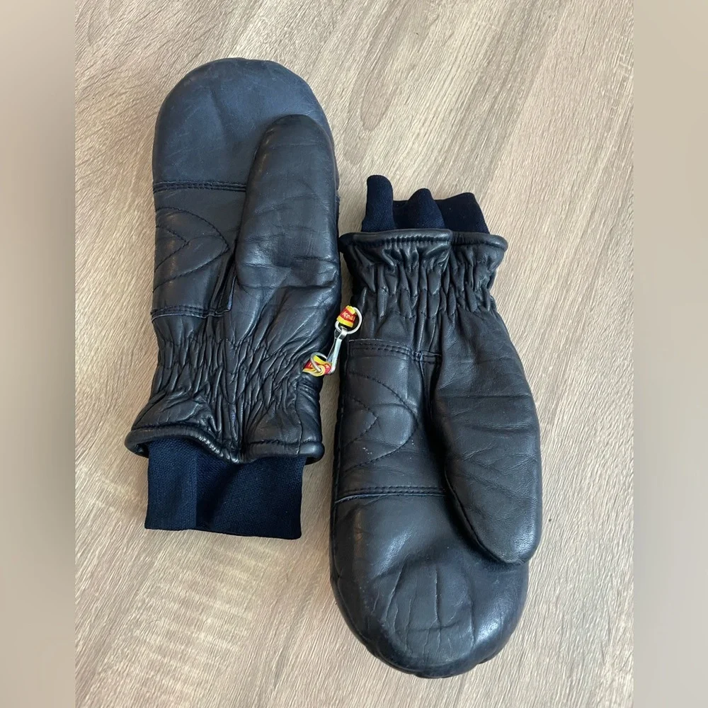 Vintage Kombi navy blue leather mittens mitts in quilted diamond pattern. M - Picture 4 of 5